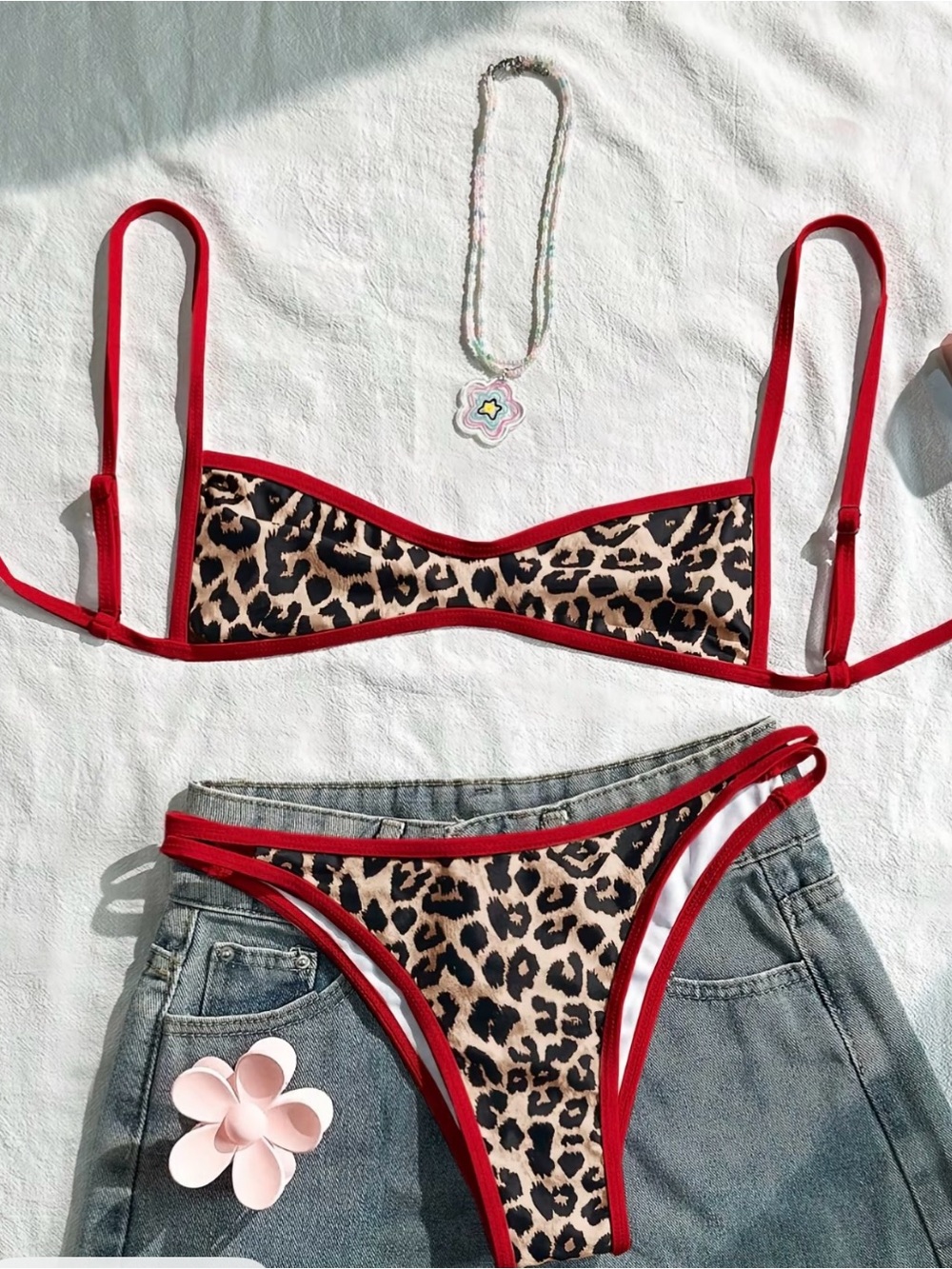 Leopard Print Bikini Set with Red Trim - Women Intimates & Sleepwear